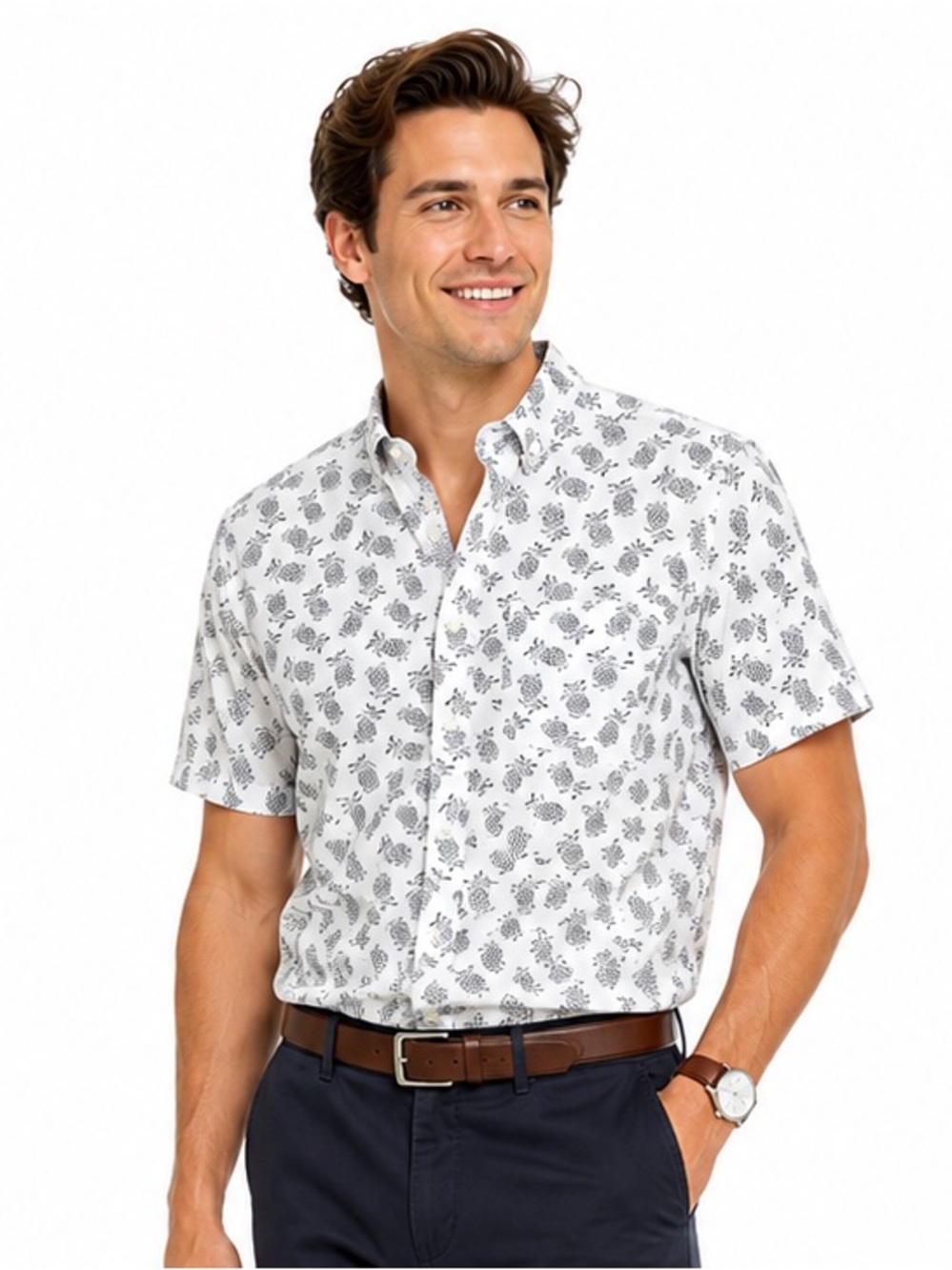 Men’s Lightweight Pineapple Print Polo w/cool stretch fabric.